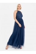 La Qayara French Navy Sequin Embellished Georgette Halter-Neck Maxi Dress with Soft Net Layered Skirt