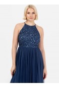 La Qayara French Navy Sequin Embellished Georgette Halter-Neck Maxi Dress with Soft Net Layered Skirt