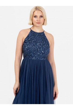 La Qayara French Navy Sequin Embellished Georgette Halter-Neck Maxi Dress with Soft Net Layered Skirt
