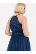 La Qayara French Navy Sequin Embellished Georgette Halter-Neck Maxi Dress with Soft Net Layered Skirt