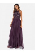 La Qayara Berry Sequin Embellished Georgette Halter-Neck Maxi Dress with Soft Net Layered Skirt