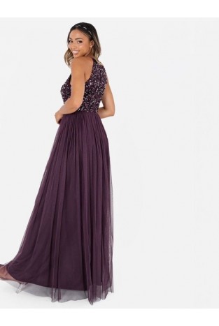 La Qayara Berry Sequin Embellished Georgette Halter-Neck Maxi Dress with Soft Net Layered Skirt