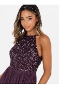 La Qayara Berry Sequin Embellished Georgette Halter-Neck Maxi Dress with Soft Net Layered Skirt