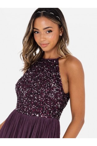 La Qayara Berry Sequin Embellished Georgette Halter-Neck Maxi Dress with Soft Net Layered Skirt