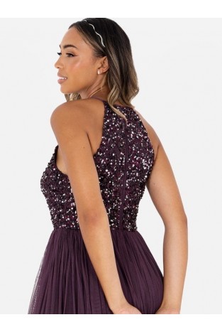 La Qayara Berry Sequin Embellished Georgette Halter-Neck Maxi Dress with Soft Net Layered Skirt