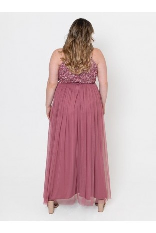 La Qayara Desert Rose Sequin Embellished Georgette Halter-Neck Maxi Dress with Soft Net Layered Skirt