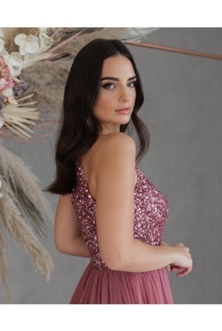 La Qayara Desert Rose Sequin Embellished Georgette Halter-Neck Maxi Dress with Soft Net Layered Skirt