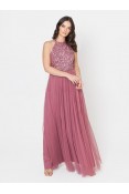 La Qayara Desert Rose Sequin Embellished Georgette Halter-Neck Maxi Dress with Soft Net Layered Skirt