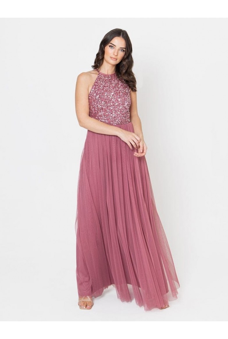 La Qayara Desert Rose Sequin Embellished Georgette Halter-Neck Maxi Dress with Soft Net Layered Skirt