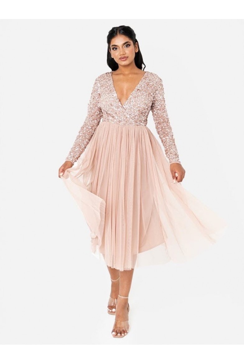 La Qayara Taupe Blush Sequin Embellished Georgette Pleated Midi Dress with Soft Net Overlay