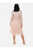 La Qayara Taupe Blush Sequin Embellished Georgette Pleated Midi Dress with Soft Net Overlay
