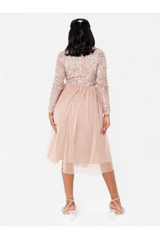 La Qayara Taupe Blush Sequin Embellished Georgette Pleated Midi Dress with Soft Net Overlay