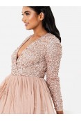 La Qayara Taupe Blush Sequin Embellished Georgette Pleated Midi Dress with Soft Net Overlay