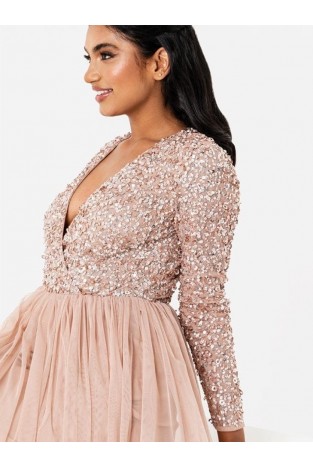 La Qayara Taupe Blush Sequin Embellished Georgette Pleated Midi Dress with Soft Net Overlay