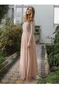 La Qayara Taupe Blush Sequin Embellished Georgette Maxi Dress with Soft Net Layered Skirt