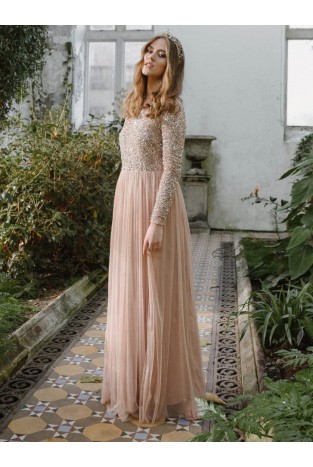 La Qayara Taupe Blush Sequin Embellished Georgette Maxi Dress with Soft Net Layered Skirt