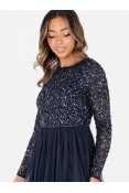 La Qayara Navy Blue Sequin Embellished Georgette Maxi Dress with Soft Net Layered Skirt