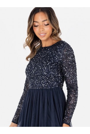 La Qayara Navy Blue Sequin Embellished Georgette Maxi Dress with Soft Net Layered Skirt