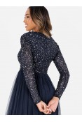 La Qayara Navy Blue Sequin Embellished Georgette Maxi Dress with Soft Net Layered Skirt