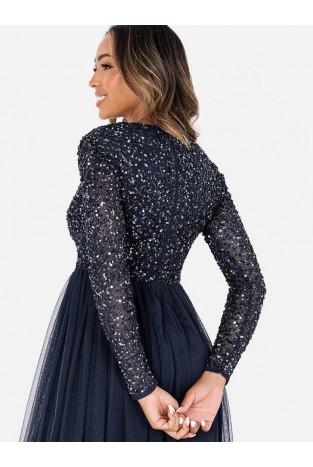 La Qayara Navy Blue Sequin Embellished Georgette Maxi Dress with Soft Net Layered Skirt