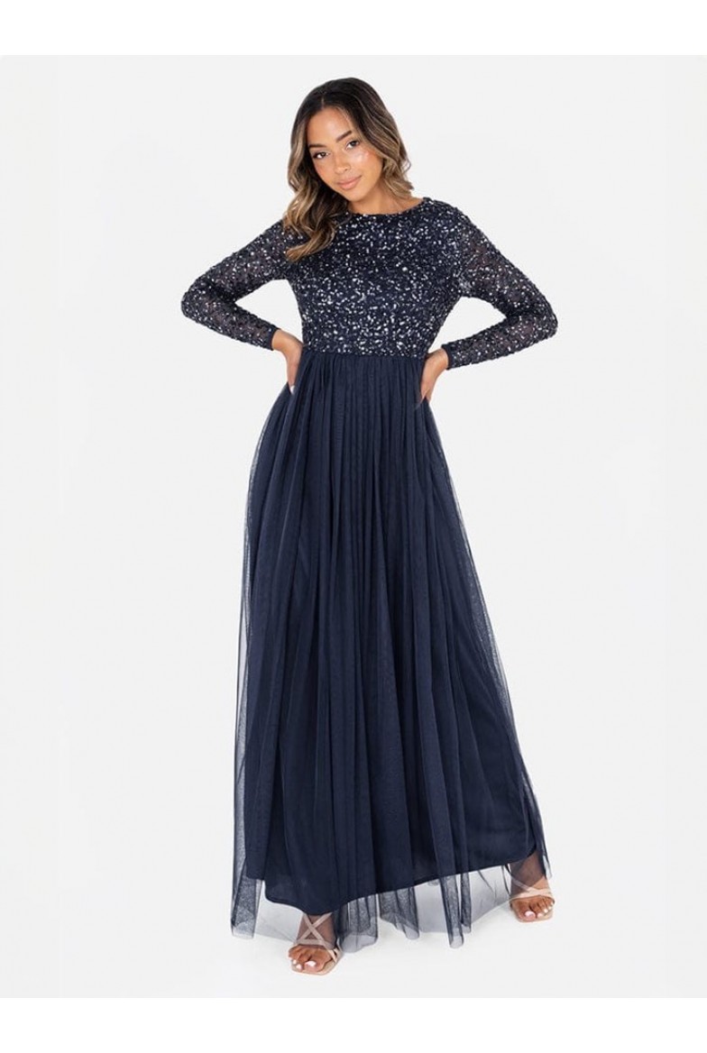 La Qayara Navy Blue Sequin Embellished Georgette Maxi Dress with Soft Net Layered Skirt