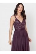La Qayara Berry Sequin & Bead Embellished Georgette Maxi Dress with Soft Net Pleated Skirt