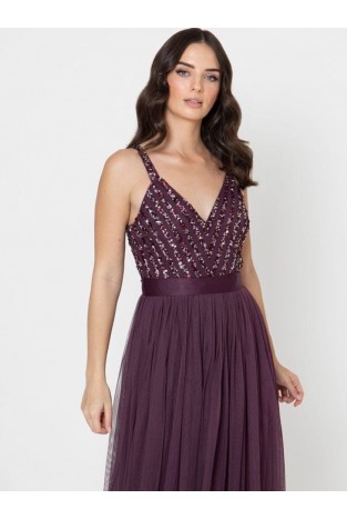La Qayara Berry Sequin & Bead Embellished Georgette Maxi Dress with Soft Net Pleated Skirt