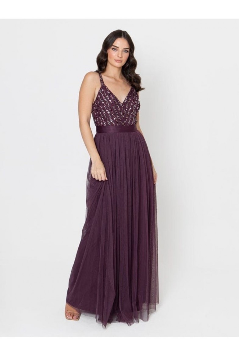 La Qayara Berry Sequin & Bead Embellished Georgette Maxi Dress with Soft Net Pleated Skirt