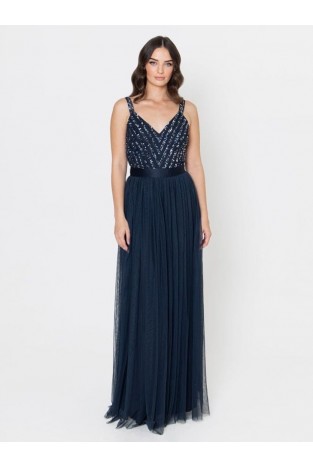 La Qayara Navy Blue Sequin & Bead Embellished Georgette Maxi Dress with Soft Net Skirt