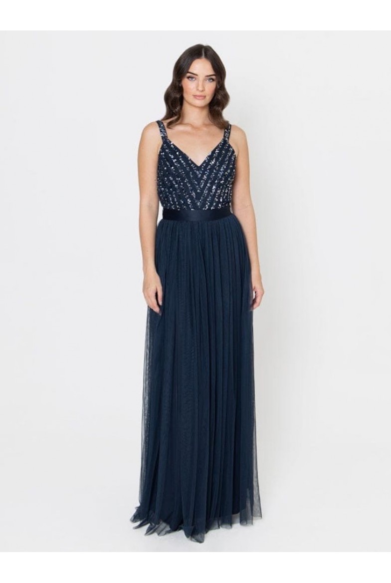 La Qayara Navy Blue Sequin & Bead Embellished Georgette Maxi Dress with Soft Net Skirt