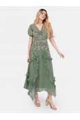 La Qayara Dark Sage Green Embellished Georgette Maxi Dress with Ruffles