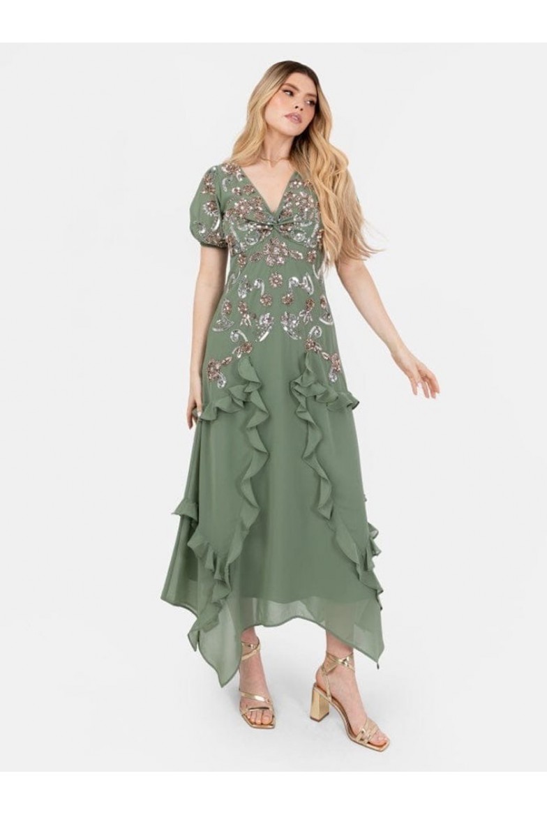 La Qayara Dark Sage Green Embellished Georgette Maxi Dress with Ruffles