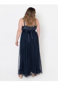 La Qayara Navy Blue Sequin & Bead Embellished Georgette Maxi Dress with Soft Net Skirt