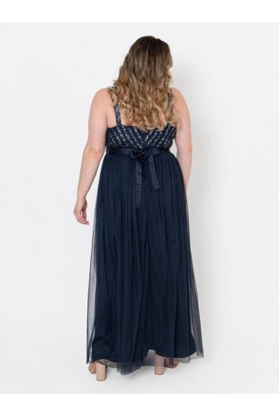 La Qayara Navy Blue Sequin & Bead Embellished Georgette Maxi Dress with Soft Net Skirt