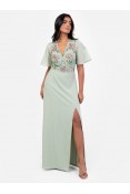La Qayara Sage Green Floral Embroidered Georgette Maxi Dress with Soft Net & Front Slit