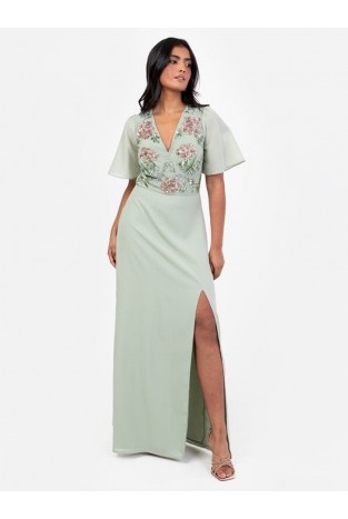 La Qayara Sage Green Floral Embroidered Georgette Maxi Dress with Soft Net & Front Slit