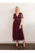 La Qayara Cranberry Floral Embroidered Georgette Midaxi Dress with Soft Net Pleated Skirt