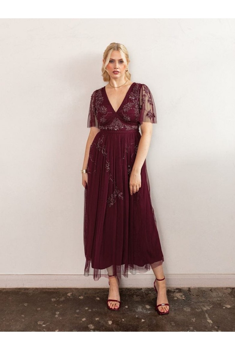 La Qayara Cranberry Floral Embroidered Georgette Midaxi Dress with Soft Net Pleated Skirt