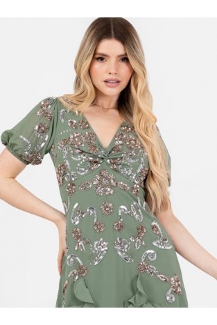 La Qayara Dark Sage Green Embellished Georgette Maxi Dress with Ruffles