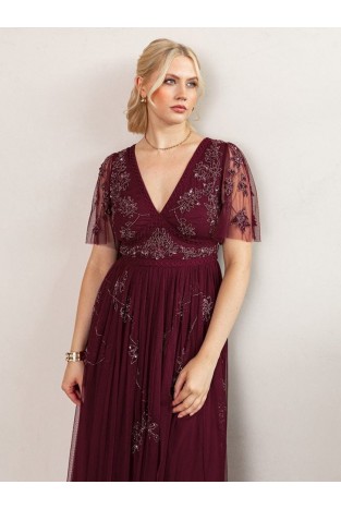 La Qayara Cranberry Floral Embroidered Georgette Midaxi Dress with Soft Net Pleated Skirt