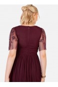 La Qayara Cranberry Floral Embroidered Georgette Midaxi Dress with Soft Net Pleated Skirt