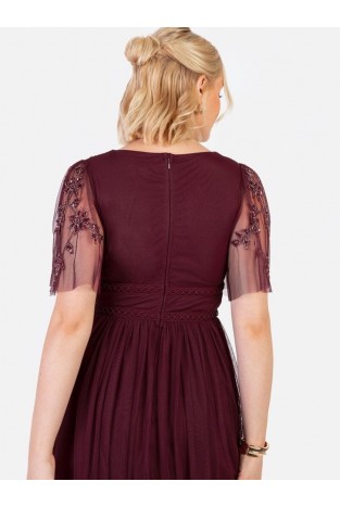 La Qayara Cranberry Floral Embroidered Georgette Midaxi Dress with Soft Net Pleated Skirt