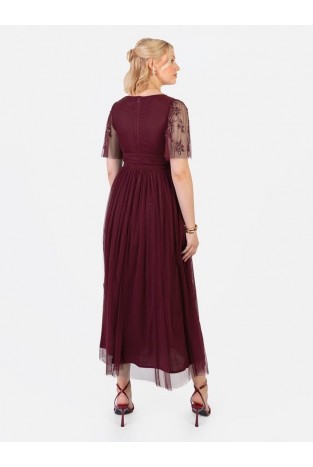 La Qayara Cranberry Floral Embroidered Georgette Midaxi Dress with Soft Net Pleated Skirt