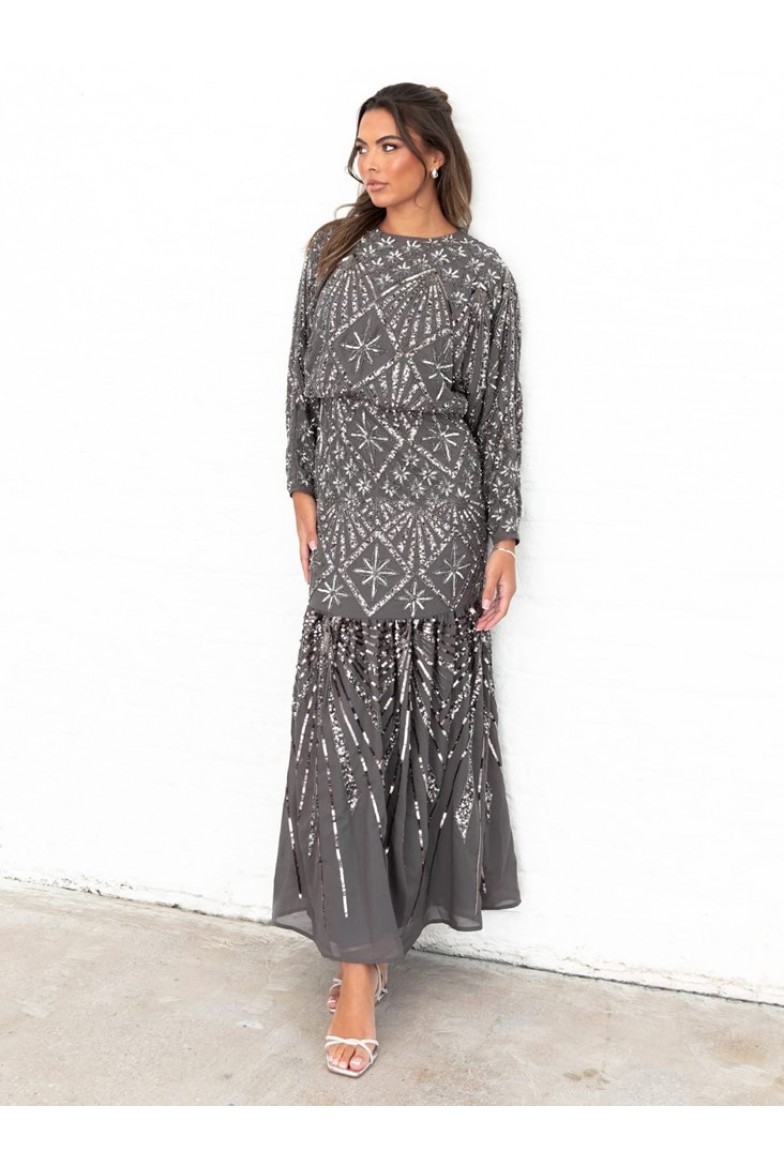 La Qayara Celestial Grey All-Over Sequin & Bead Embellished Georgette Layered Midaxi Dress