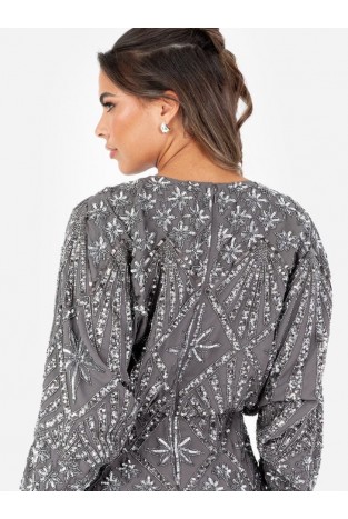La Qayara Celestial Grey All-Over Sequin & Bead Embellished Georgette Layered Midaxi Dress
