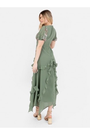 La Qayara Dark Sage Green Embellished Georgette Maxi Dress with Ruffles
