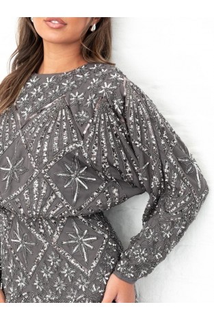 La Qayara Celestial Grey All-Over Sequin & Bead Embellished Georgette Layered Midaxi Dress