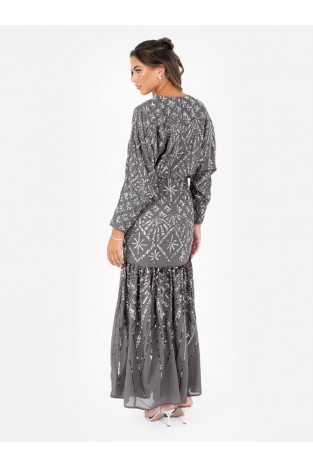 La Qayara Celestial Grey All-Over Sequin & Bead Embellished Georgette Layered Midaxi Dress
