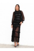 La Qayara Black Textured Sequin Embellished Georgette Midaxi Dress with Soft Net Sleeves