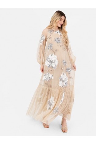 La Qayara Peach Embellished Georgette Maxi Dress with Net Sleeves
